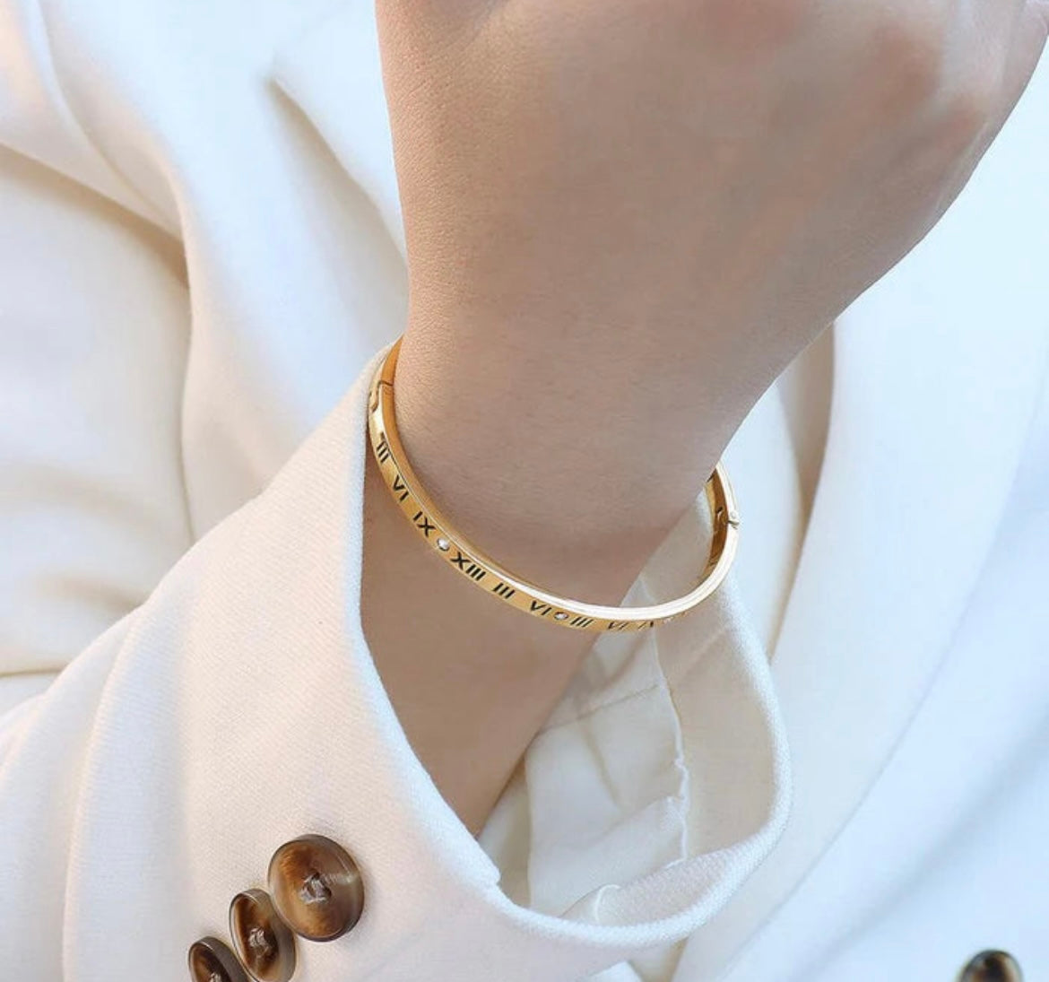 Stainless Steel Roman Numerals Bangle Open Cuff 
