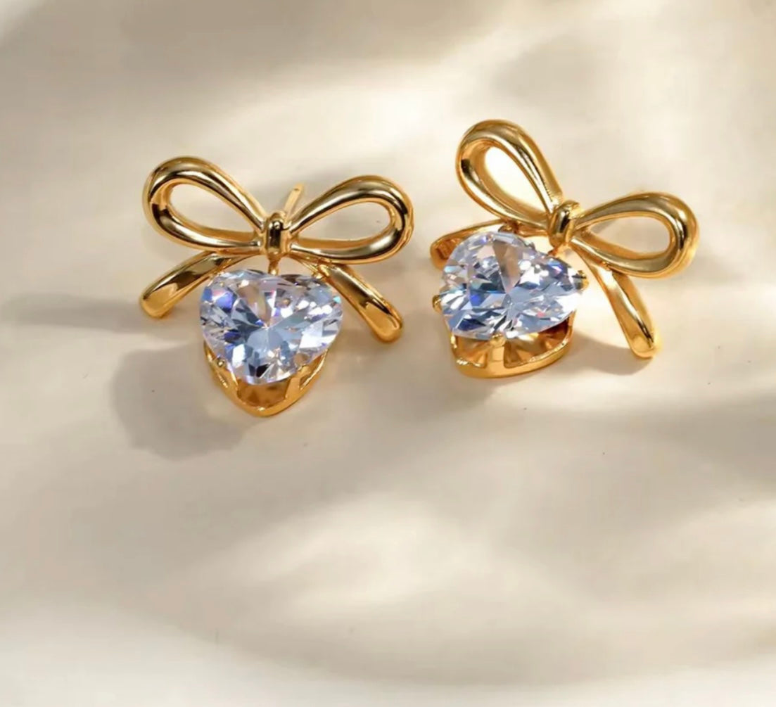 S.steel Bow With Crystal Stone Earrings